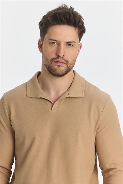 Volex Erkek Bej Likralı %100 Pamuk Yaka Detaylı Slim Fit Uzun Kollu Polo Yaka Swearshirt
