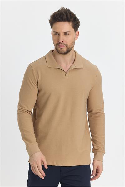 Volex Erkek Bej Likralı %100 Pamuk Yaka Detaylı Slim Fit Uzun Kollu Polo Yaka Swearshirt