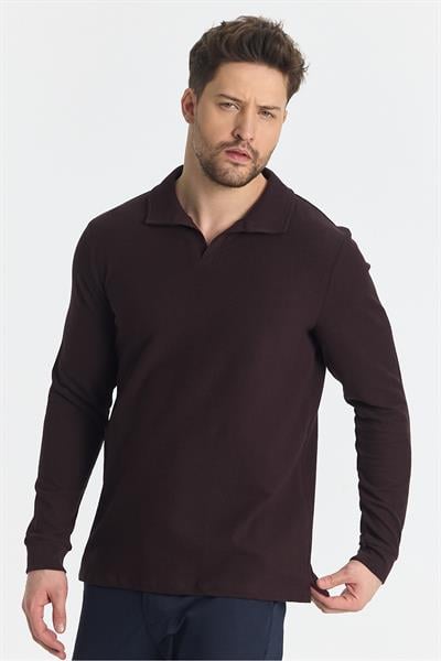 Volex Erkek Bordo Likralı %100 Pamuk Yaka Detaylı Slim Fit Uzun Kollu Polo Yaka Swearshirt
