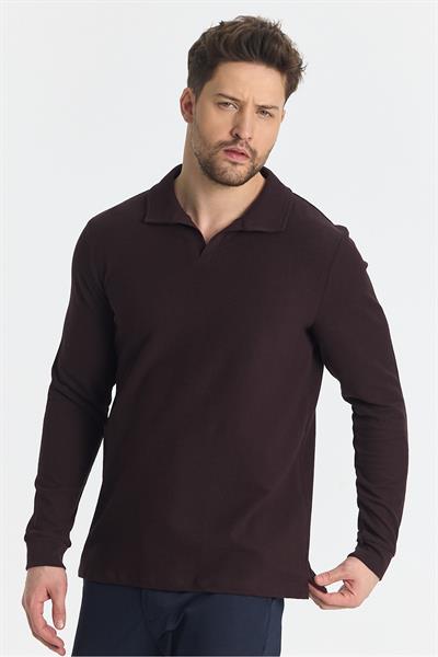 Volex Erkek Bordo Likralı %100 Pamuk Yaka Detaylı Slim Fit Uzun Kollu Polo Yaka Swearshirt