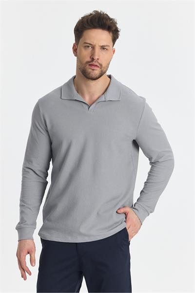 Volex Erkek Gri Likralı %100 Pamuk Yaka Detaylı Slim Fit Uzun Kollu Polo Yaka Swearshirt