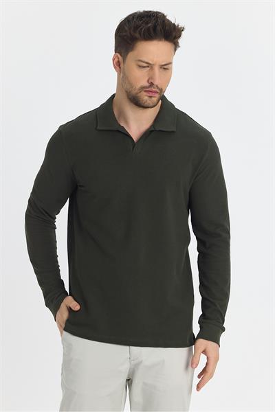 Volex Erkek Haki Likralı %100 Pamuk Yaka Detaylı Slim Fit Uzun Kollu Polo Yaka Swearshirt