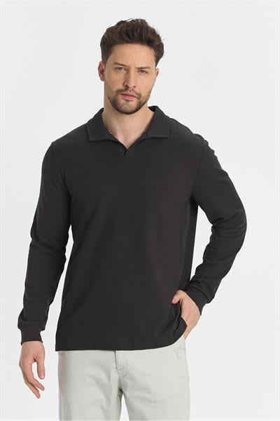 Volex Erkek Kahve Likralı %100 Pamuk Yaka Detaylı Slim Fit Uzun Kollu Polo Yaka Swearshirt