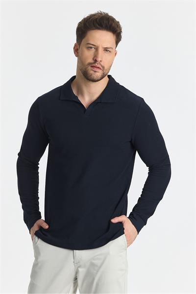 Volex Erkek Lacivert Likralı %100 Pamuk Yaka Detaylı Slim Fit Uzun Kollu Polo Yaka Swearshirt