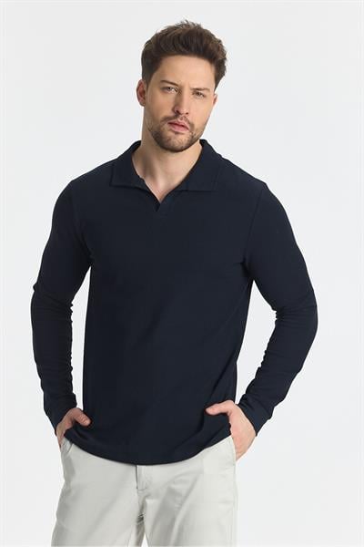 Volex Erkek Lacivert Likralı %100 Pamuk Yaka Detaylı Slim Fit Uzun Kollu Polo Yaka Swearshirt