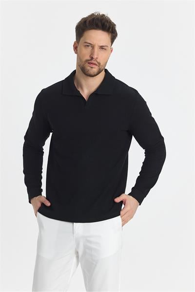 Volex Erkek Siyah Likralı %100 Pamuk Yaka Detaylı Slim Fit Uzun Kollu Polo Yaka Swearshirt