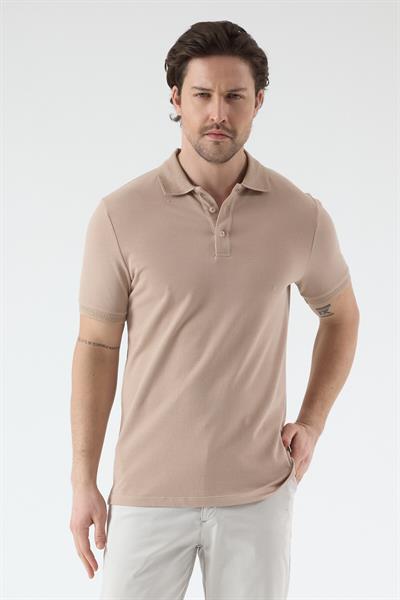 Volfe Erkek Bej %100 Pamuk Yaka Detaylı Pike Örme Esneyen Kumaşlı Slim Fit Dar Kesim Polo Tişört