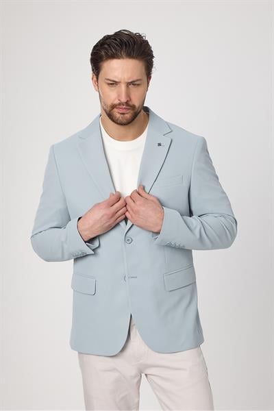Waffle Erkek Buz Mavi Waffle Desen Pamuk Karışımlı Likralı Esnek Kumaş Dört Mevsim Blazer Ceket