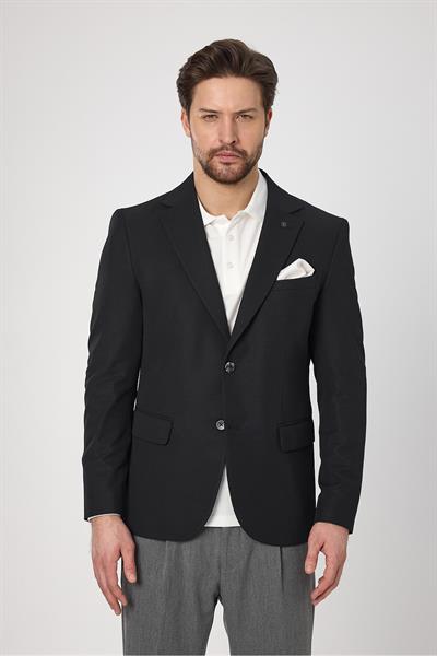 Waffle Erkek Siyah Waffle Desen Pamuk Karışımlı Likralı Esnek Kumaş Dört Mevsim Blazer Ceket