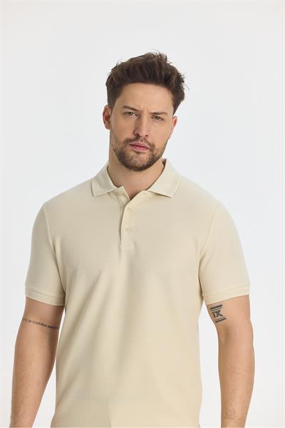 Walfer Erkek Açık Bej Likralı Pamuk Karışımlı Yaka Detaylı Slim Fit Kıvrılmaz Polo Yaka T-Shirt