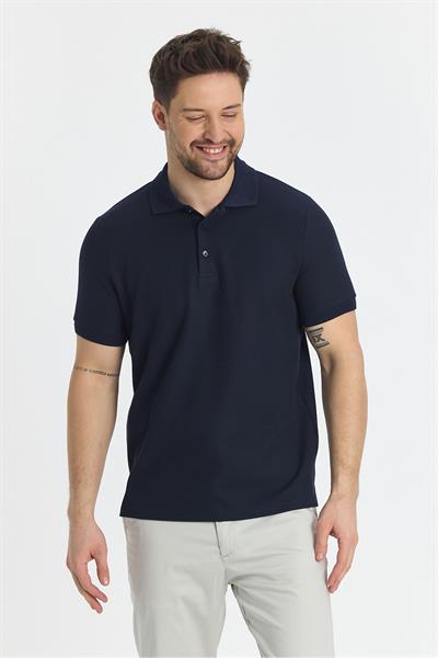 Walfer Erkek Açık Lacivert Likralı Pamuk Karışımlı Yaka Detaylı Slim Fit Kıvrılmaz Polo Yaka T-Shirt