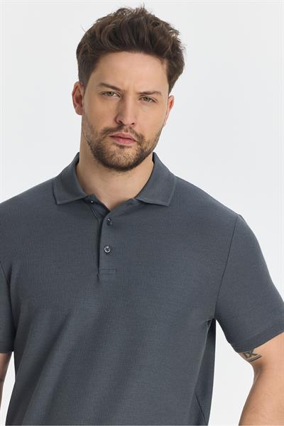 Walfer Erkek Antrasit Likralı Pamuk Karışımlı Yaka Detaylı Slim Fit Kıvrılmaz Polo Yaka T-Shirt