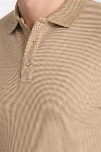 Walfer Erkek Bej %100 Pamuk Waffle Çekmeyen Kumaş Slim Fit Kıvrılmaz Polo Yaka Tişört
