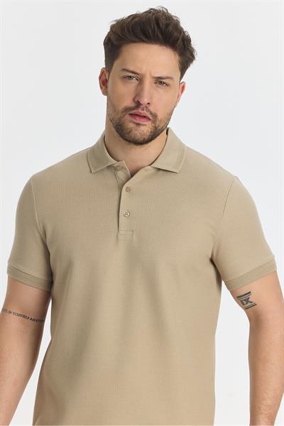 Walfer Erkek Bej Likralı Pamuk Karışımlı Yaka Detaylı Slim Fit Kıvrılmaz Polo Yaka T-Shirt
