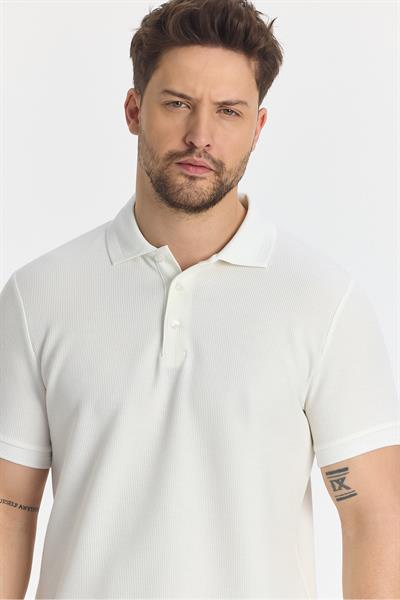 Walfer Erkek Ekru Likralı Pamuk Karışımlı Yaka Detaylı Slim Fit Kıvrılmaz Polo Yaka T-Shirt