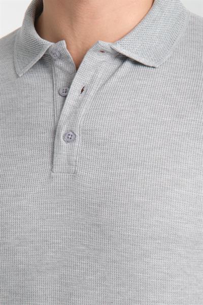 Walfer Erkek Gri %100 Pamuk Waffle Çekmeyen Kumaş Slim Fit Kıvrılmaz Polo Yaka Tişört