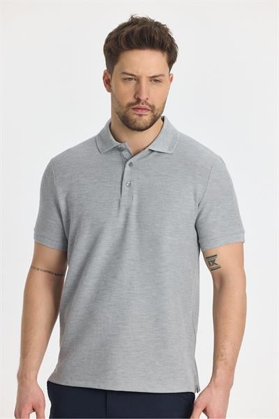 Walfer Erkek Gri Likralı Pamuk Karışımlı Yaka Detaylı Slim Fit Kıvrılmaz Polo Yaka T-Shirt