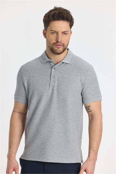 Walfer Erkek Gri Likralı Pamuk Karışımlı Yaka Detaylı Slim Fit Kıvrılmaz Polo Yaka T-Shirt