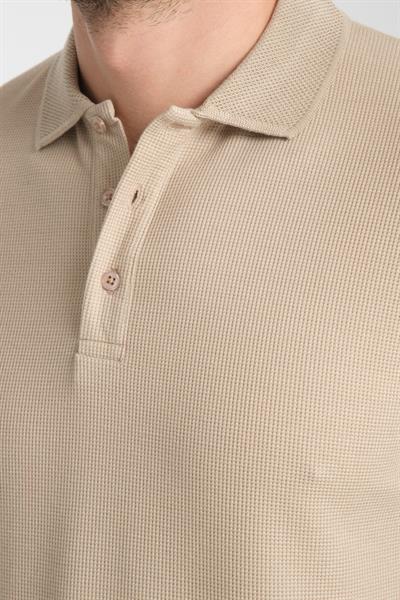 Walfer Erkek Koyu Bej %100 Pamuk Waffle Çekmeyen Kumaş Slim Fit Kıvrılmaz Polo Yaka Tişört