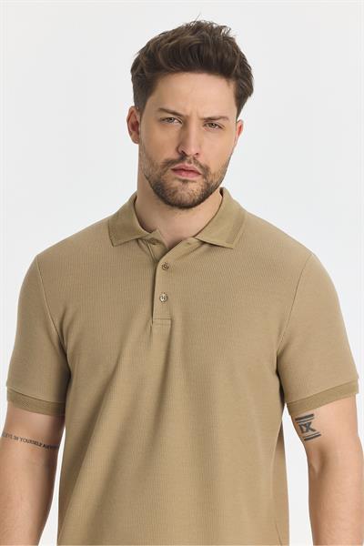 Walfer Erkek Koyu Bej Likralı Pamuk Karışımlı Yaka Detaylı Slim Fit Kıvrılmaz Polo Yaka T-Shirt