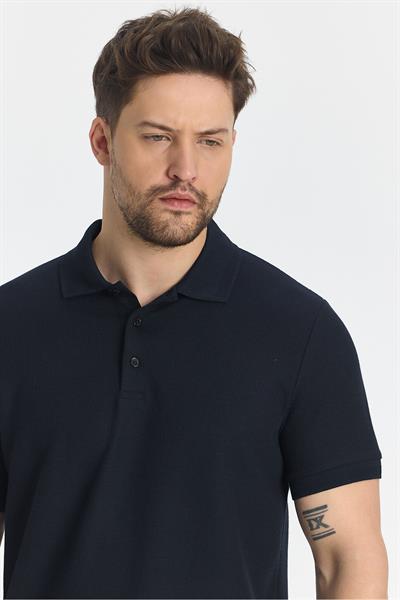 Walfer Erkek Koyu Lacivert Likralı Pamuk Karışımlı Yaka Detaylı Slim Fit Kıvrılmaz Polo Yaka T-Shirt