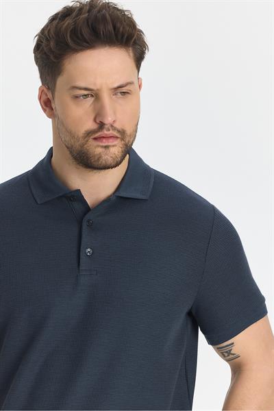 Walfer Erkek Lacivert Likralı Pamuk Karışımlı Yaka Detaylı Slim Fit Kıvrılmaz Polo Yaka T-Shirt