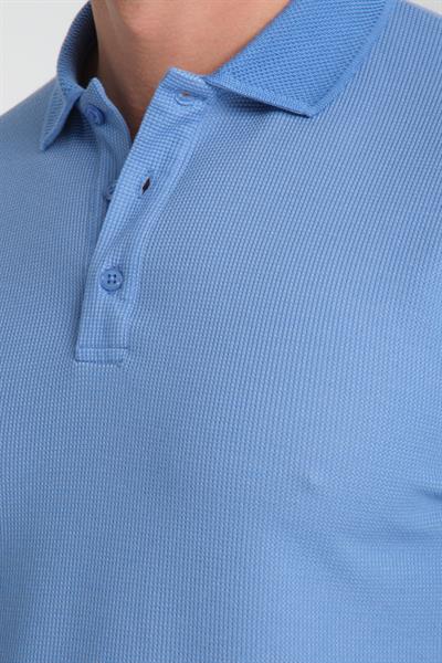 Walfer Erkek Mavi %100 Pamuk Waffle Çekmeyen Kumaş Slim Fit Kıvrılmaz Polo Yaka Tişört