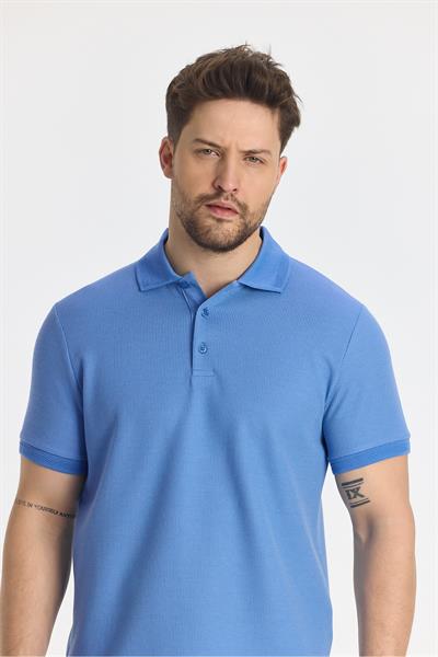 Walfer Erkek Mavi Likralı Pamuk Karışımlı Yaka Detaylı Slim Fit Kıvrılmaz Polo Yaka T-Shirt