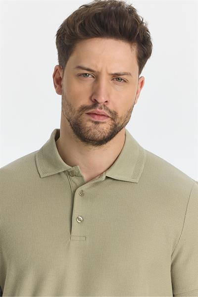 Walfer Erkek Vizon Likralı Pamuk Karışımlı Yaka Detaylı Slim Fit Kıvrılmaz Polo Yaka T-Shirt