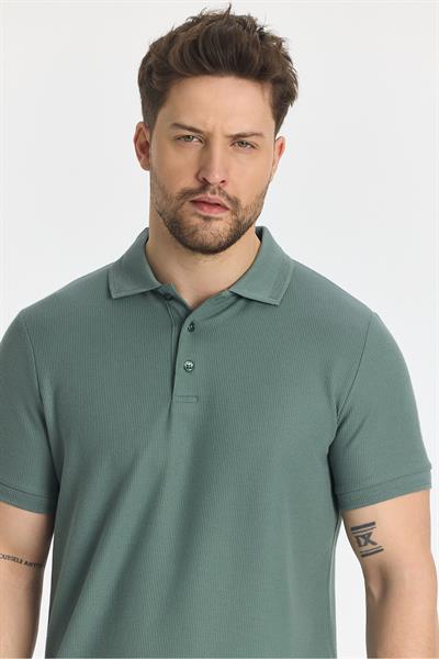 Walfer Erkek Yeşil Likralı Pamuk Karışımlı Yaka Detaylı Slim Fit Kıvrılmaz Polo Yaka T-Shirt