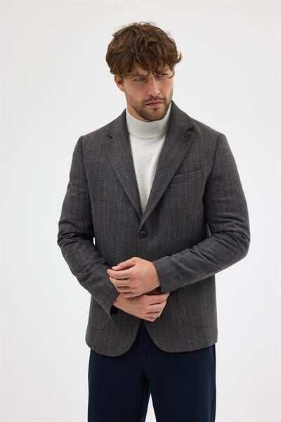 Wesley Erkek Füme İtalyan Çizgili Kaşe Kumaşlı Yarım Astar Torba Cepli Mono Yaka Spor Blazer Ceket