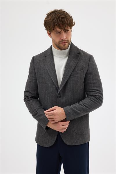 Wesley Erkek Füme İtalyan Çizgili Kaşe Kumaşlı Yarım Astar Torba Cepli Mono Yaka Spor Blazer Ceket