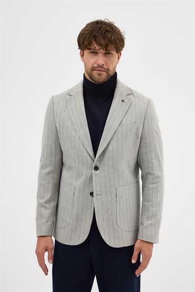 Wesley Erkek Gri İtalyan Çizgili Kaşe Kumaşlı Yarım Astar Torba Cepli Mono Yaka Spor Blazer Ceket