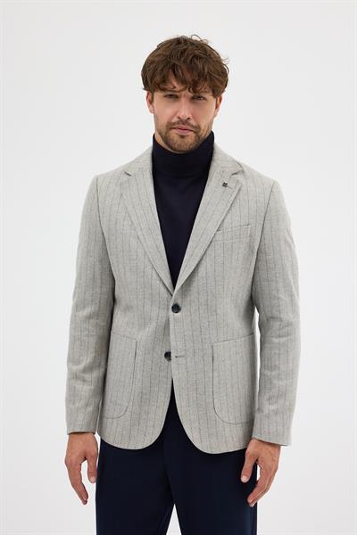 Wesley Erkek Gri İtalyan Çizgili Kaşe Kumaşlı Yarım Astar Torba Cepli Mono Yaka Spor Blazer Ceket