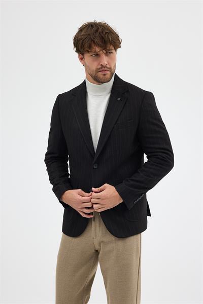 Wesley Erkek Siyah İtalyan Çizgili Kaşe Kumaşlı Yarım Astar Torba Cepli Mono Yaka Spor Blazer Ceket