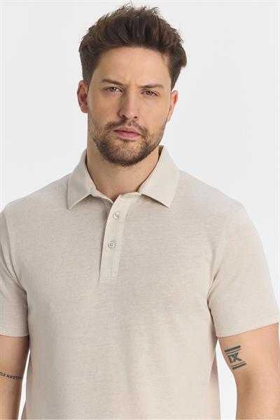 Wolfe Erkek Bej Likralı Pamuk Karışımlı Çekmeyen Kumaş Kıvrılmaz Yaka Polo Yaka T-Shirt