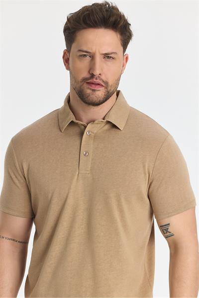 Wolfe Erkek Camel Likralı Pamuk Karışımlı Çekmeyen Kumaş Kıvrılmaz Yaka Polo Yaka T-Shirt