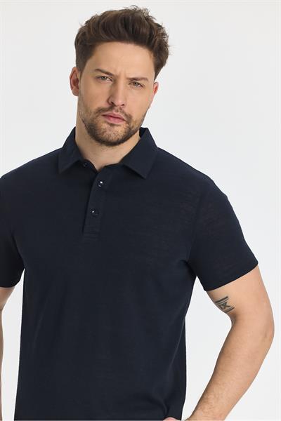 Wolfe Erkek Lacivert Likralı Pamuk Karışımlı Çekmeyen Kumaş Kıvrılmaz Yaka Polo Yaka T-Shirt
