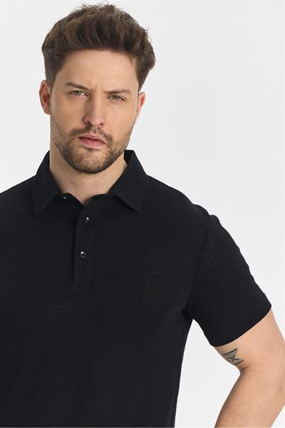 Wolfe Erkek Siyah Likralı Pamuk Karışımlı Çekmeyen Kumaş Kıvrılmaz Yaka Polo Yaka T-Shirt