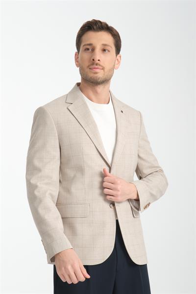 Worelli Erkek Bej Ekose Keten Görünümlü Slim Fit Spor Blazer Ceket