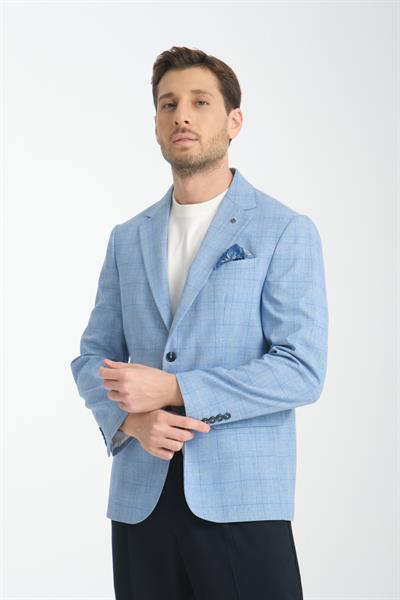 Worelli Erkek Mavi Ekose Keten Görünümlü Slim Fit Spor Blazer Ceket