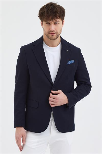 Yunix Erkek Koyu Lacivert Poliviskon Kumaşlı Slim Fit Kendinden Mendilli Mono Yaka Spor Blazer Ceket