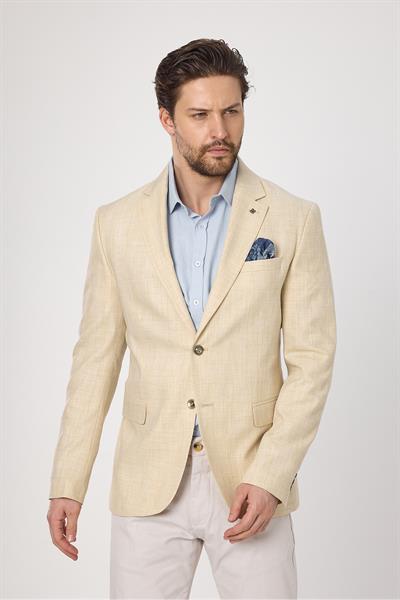 Zenos Erkek Bej Keten Görnümlü İlkbahar-Yaz Ekose Blazer Ceket