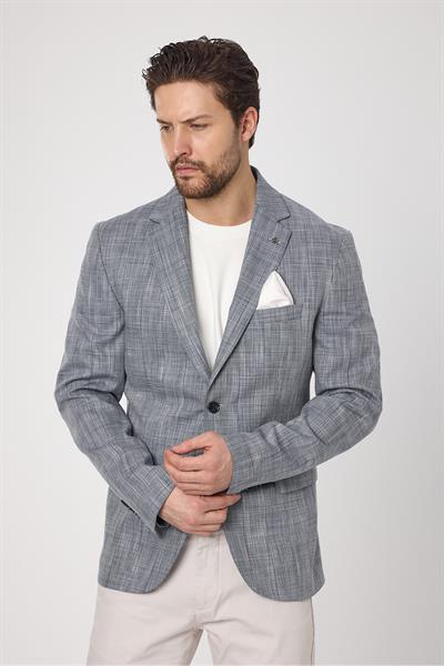 Zenos Erkek Lacivert Keten Görnümlü İlkbahar-Yaz Ekose Blazer Ceket