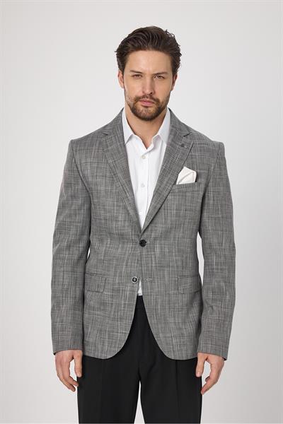 Zenos Erkek Siyah Keten Görnümlü İlkbahar-Yaz Ekose Blazer Ceket