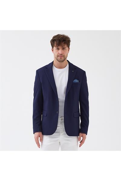 Zeus Erkek Koyu Lacivert Esneyen Likralı Kumaşlı Tam Astarlı Slim Fit Mono Yaka Spor Blazer Ceket