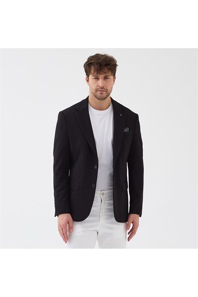 Zeus Erkek Siyah Esneyen Likralı Kumaşlı Tam Astarlı Slim Fit Mono Yaka Spor Blazer Ceket