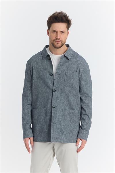 Zevos Erkek Koyu Lacivert Keten Karışımlı Overshirt Baharlık Ceket Yeni Sezon