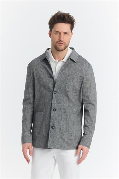 Zevos Erkek Siyah Keten Karışımlı Overshirt Baharlık Ceket Yeni Sezon