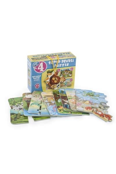 Çocuk Puzzle Hayvanlar 4ü Bir Kutuda - Süper Renkli Puzzle